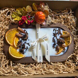 Autumn Spice & Cranberry Wooden Dough Bowl Candle, Hand Poured Soy Wax Candle